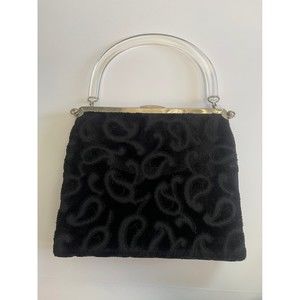 MCM 50s 60s Vintage Tapestry Velvet Lucite Black Reversible Handle Purse Handbag